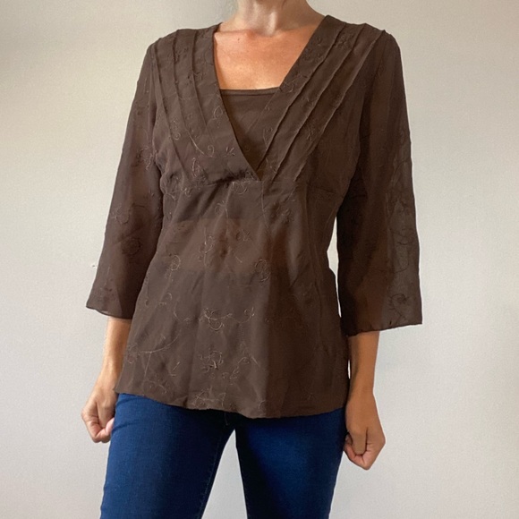 Bohemian Brown Embroidered Chiffon 3/4 Sleeve Top - Picture 2 of 14